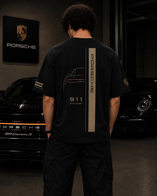 PORSCHE 911 STUTTGART OVERSIZED BLACK T-SHIRT | PREMIUM MOTORSPORT STREETWEAR – 220 GSM