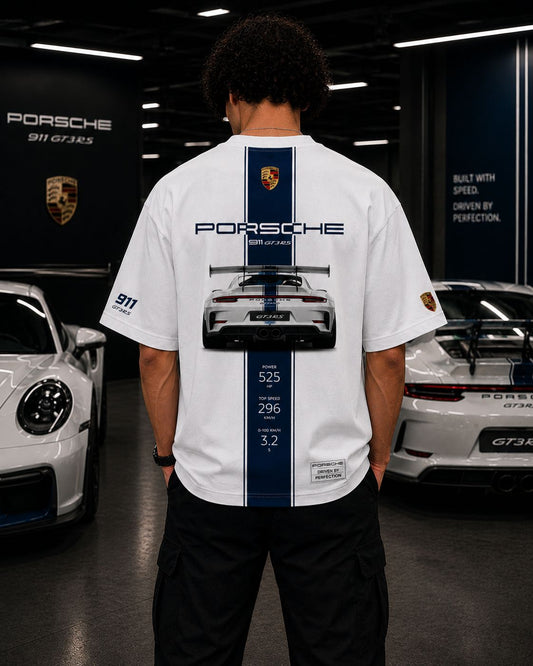 PORSCHE RACING HERITAGE OVERSIZED WHITE T-SHIRT | PREMIUM AUTOMOTIVE STREETWEAR – 220 GSM