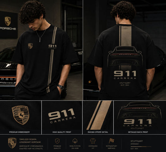 PORSCHE 911 HERITAGE OVERSIZED BLACK T-SHIRT | PREMIUM AUTOMOTIVE STREETWEAR – 220 GSM