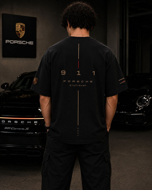 PORSCHE HERITAGE OVERSIZED BLACK T-SHIRT | PREMIUM HEAVYWEIGHT COTTON STREETWEAR – 220 GSM